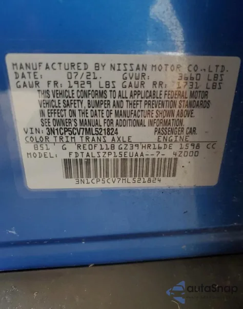 2021 Nissan Kicks Sv z USA, uszkodzony, nr VIN 3N1CP5CV7ML521824